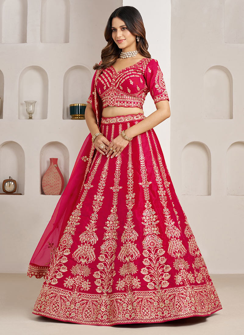 Rani Silk Floral Zari Embroidered Bridal Lehenga Wedding Wear