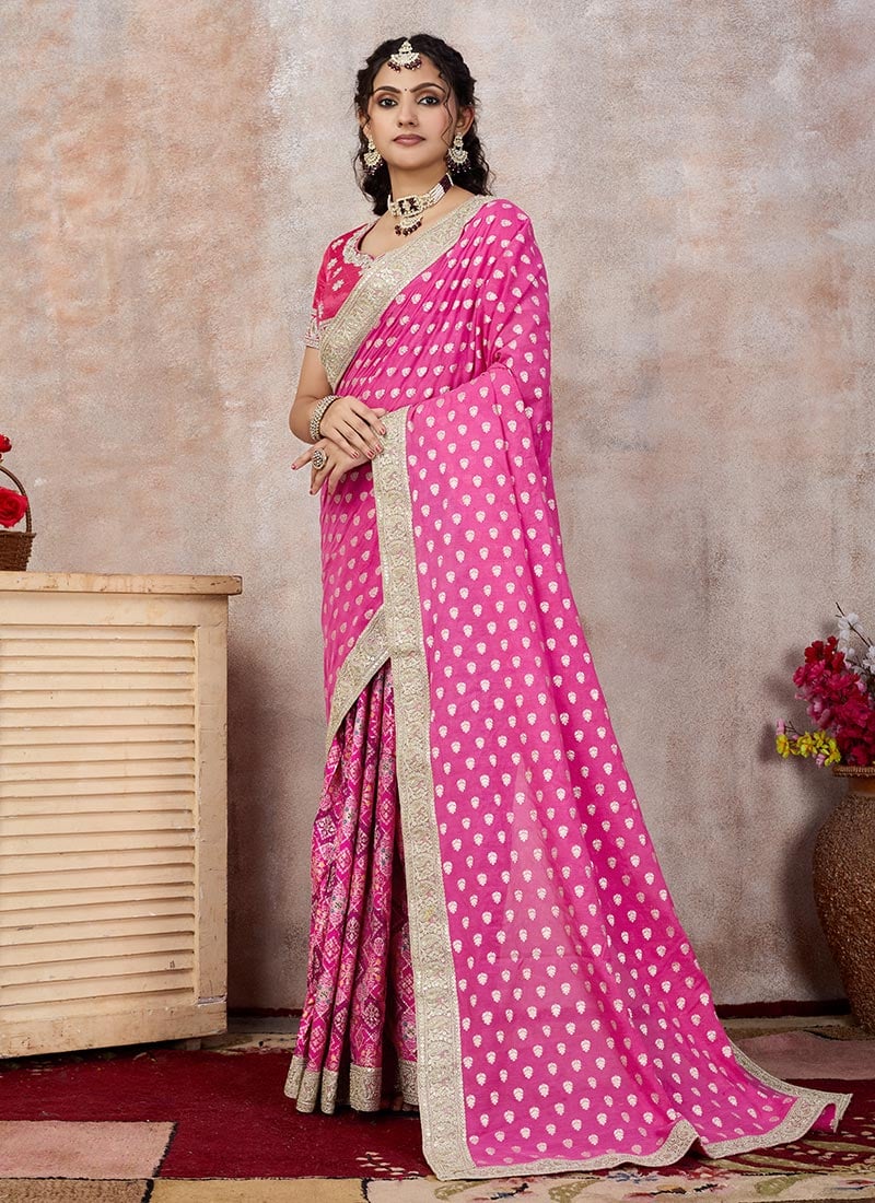 Rani Viscose Chanderi Embroidered Saree Party Wear