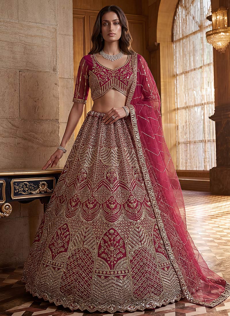 Raspberry Pink Net Zardosi Embroidered Sequins Lehenga Wedding Wear