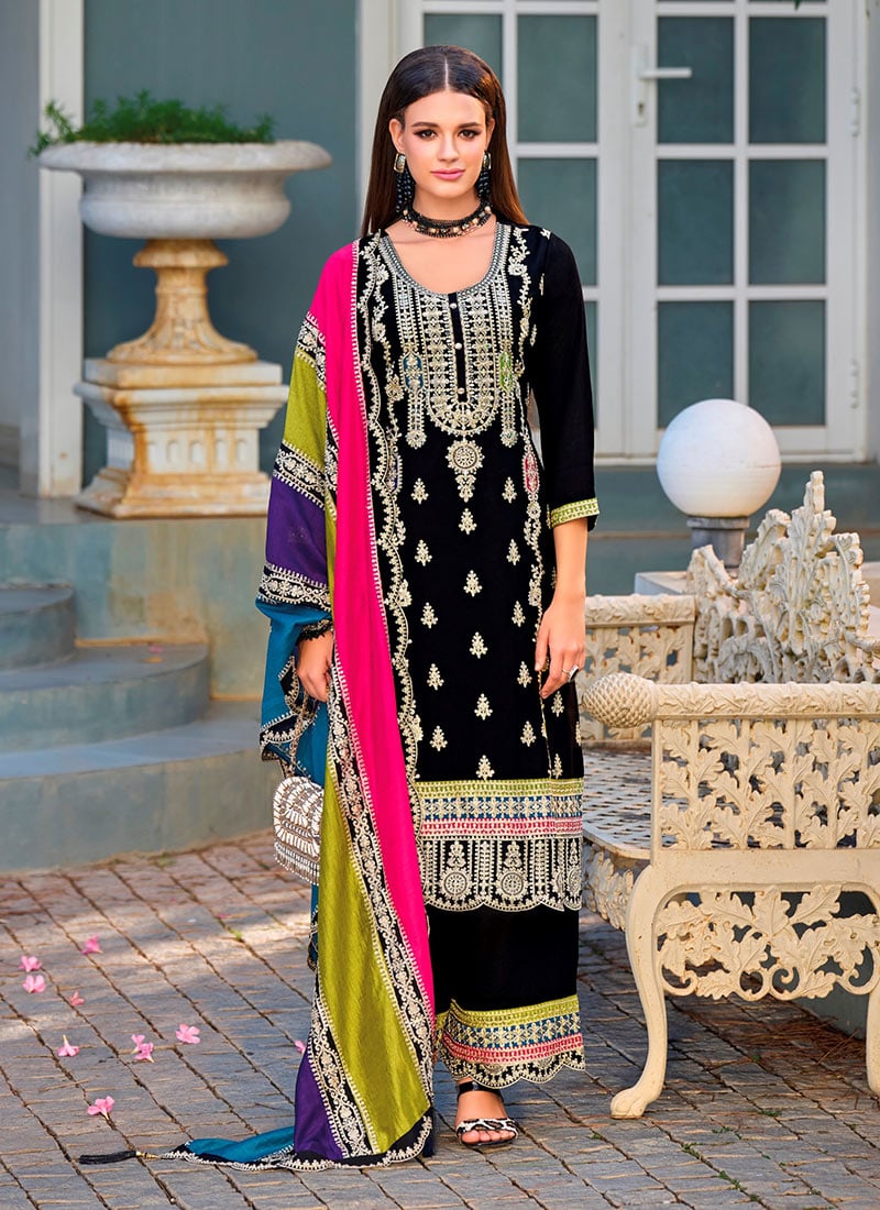 Ravishing Black Chinon Zari Embroidered With Stone Sequins Pakistani Palazzo Suit Festive Wear