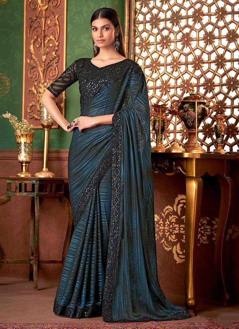 Ravishing Blue Silk Zari Embroidered Sequins Saree Wedding Wear