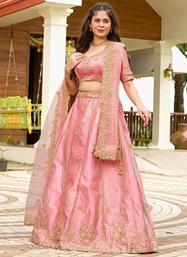 Ravishing Pink Satin Embroidered N Sequins Umbrella Lehenga And Dupatta