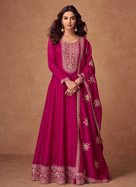 Ravishing Pink Silk Zari Embroidered Sequins A Line Anarkali Suit