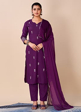 Rayon Slub Embroidered Straight Pant Suit