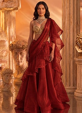 Red Organza Hand Embroidered Sequins With Zardosi Work Lehenga Wedding Wear