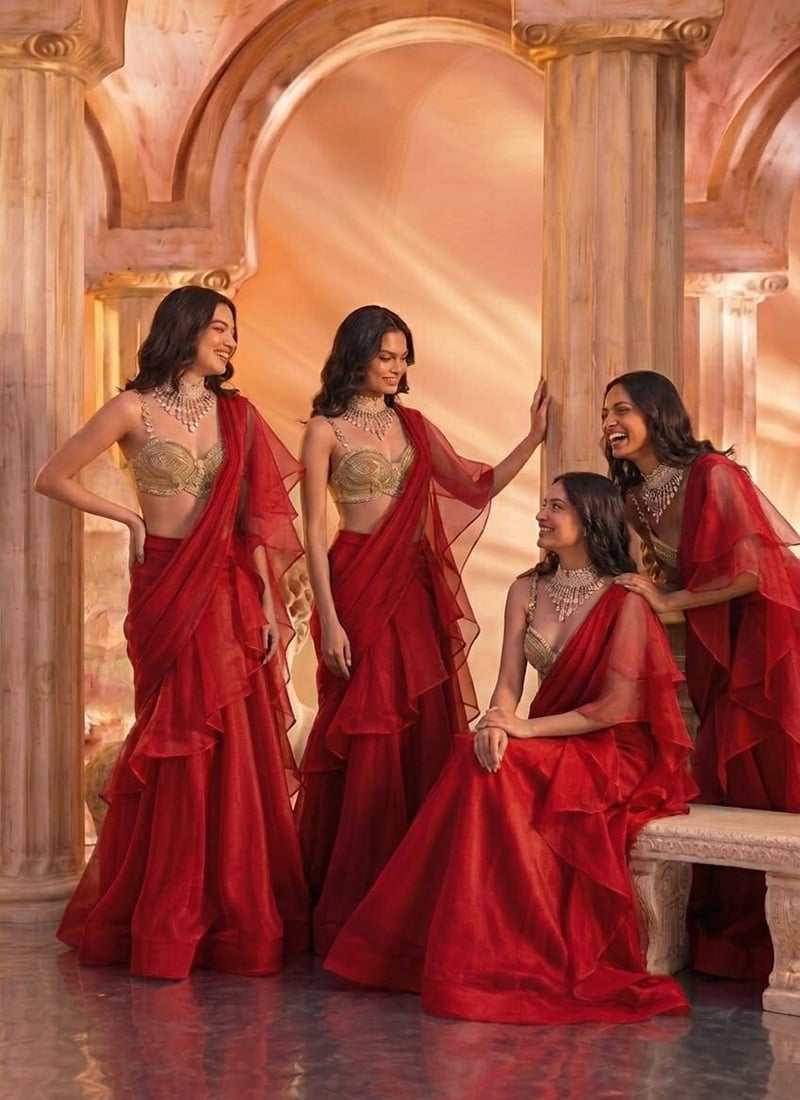 Red  Organza Hand Embroidered Sequins With Zardosi Work Lehenga Wedding Wear