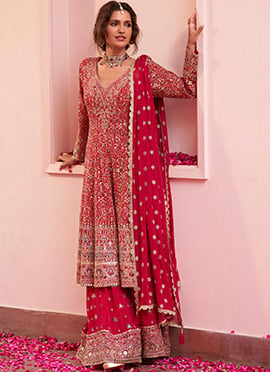 Red A Line Georgette Sequins Hand Embroidered Sharara Suit