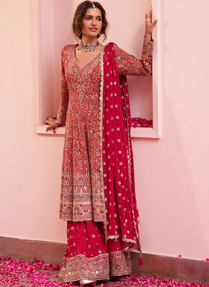 Red A Line Georgette Sequins Hand Embroidered Sharara Suit Wedding Wear