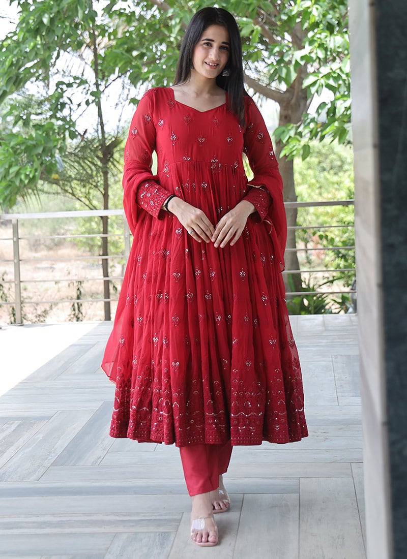 Red Allure A Faux Georgette Anarkali Suit With Sequins Embroidery After Six Wear