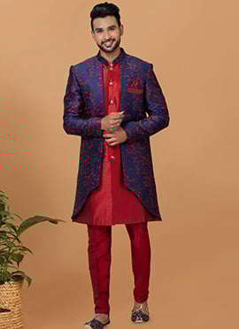 Red And Blue Art Silk Jacquard Indowestern Sherwani