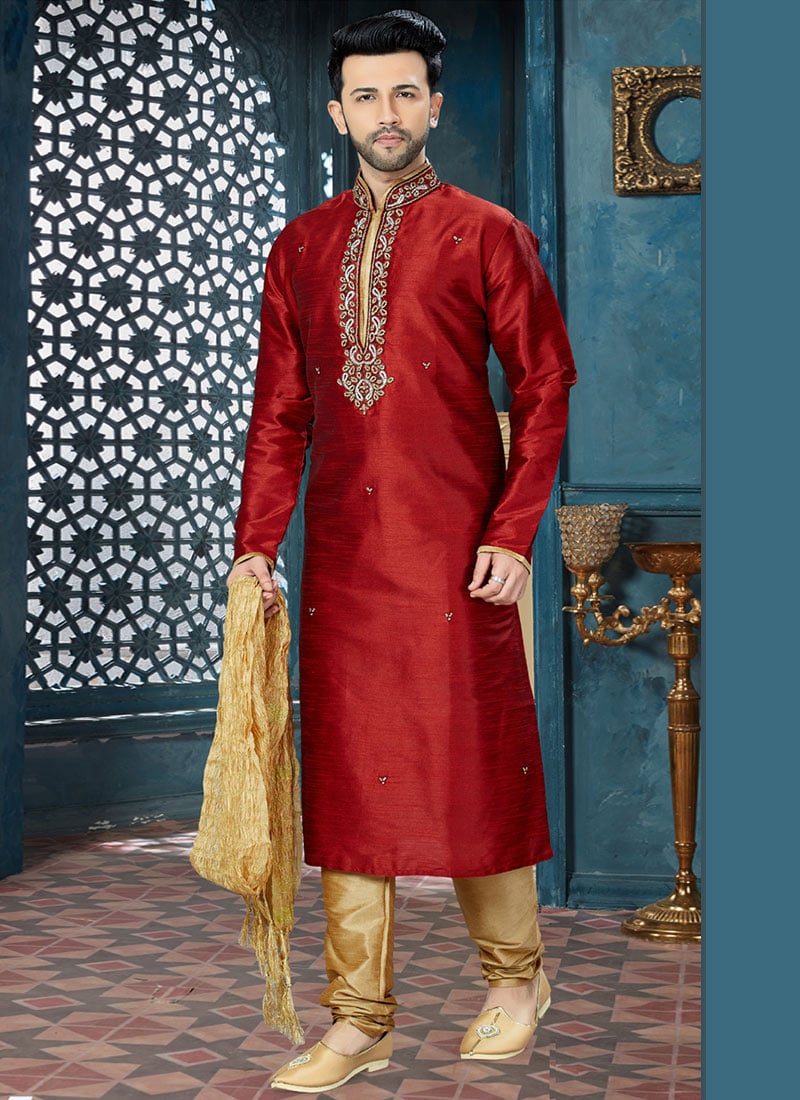 Red Art Dupion Silk Embroidered Kurta Pyjama