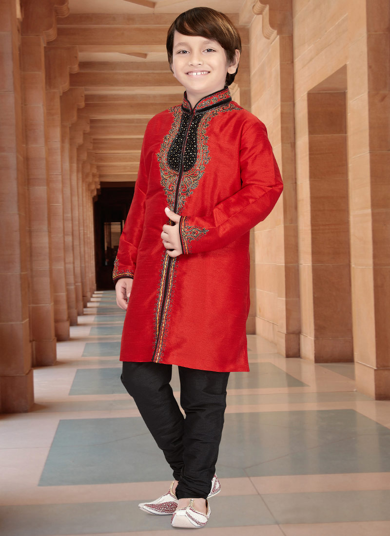 Red Art Dupion Silk Kids Kurta Pyjama