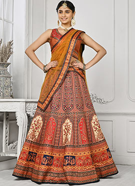 Red Art Silk Digital Print A Line Lehenga