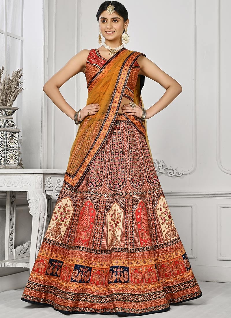 Red Art Silk Digital Print A Line Lehenga Festive Wear