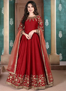 Red Art Silk Embroidered Anarkali Suit