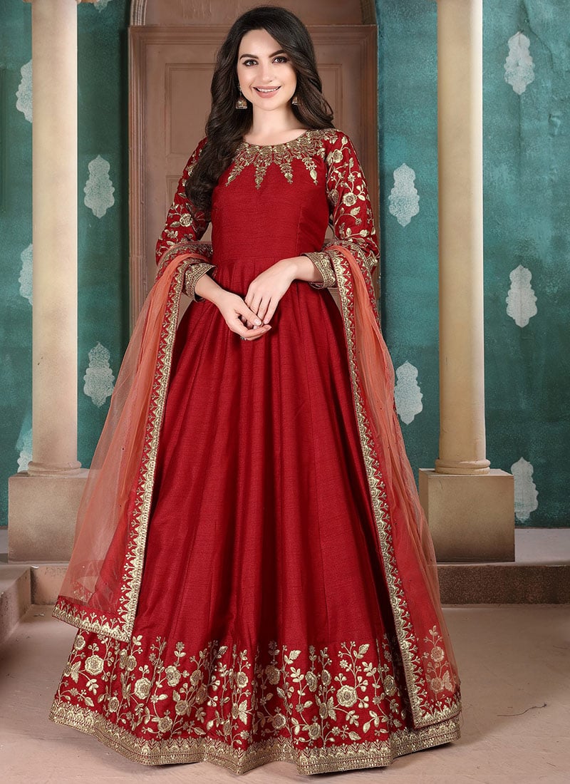 Red Art Silk Embroidered Anarkali Suit Party Wear
