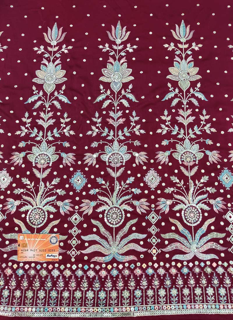 Red Art Silk Embroidered Fabric
