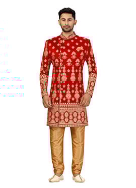 Red Art Silk Zari Embroidery Classic Sherwani