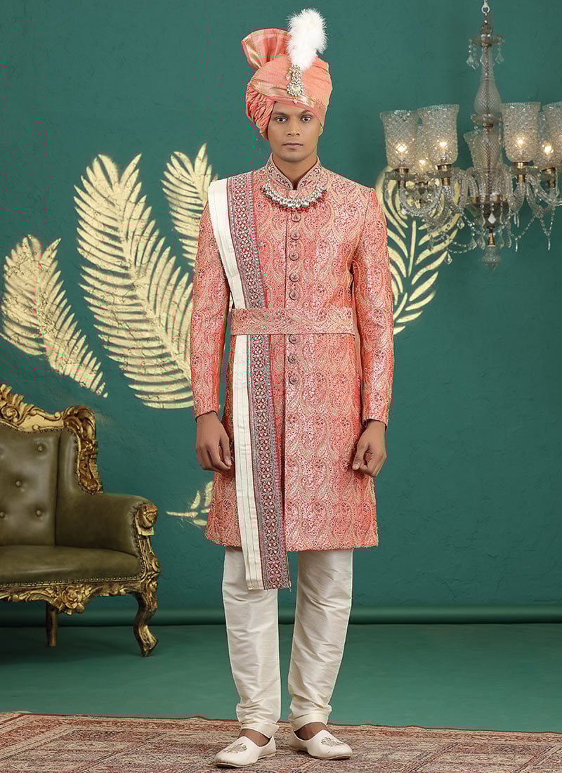 Red Banarasi Jacquard Stones Embroidered Sequins Zari Beads Hand Embroidered Indowestern Sherwani Wedding Wear
