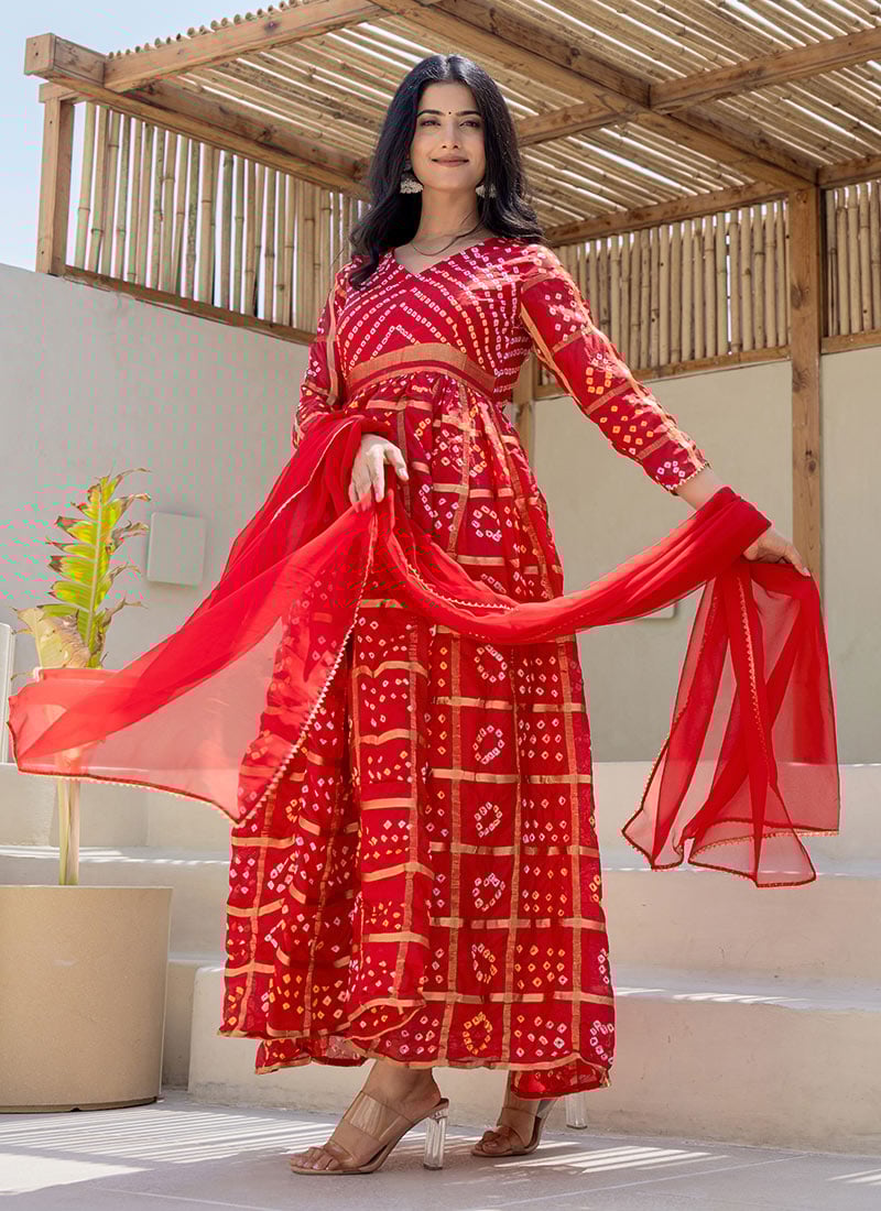 Red Banarasi Silk Bandhini And Zari Anarkali Suit