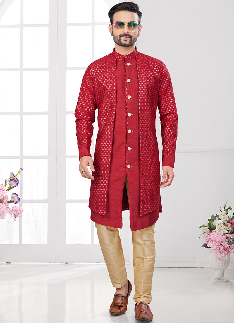 Red Banarasi Silk Embroidered Sequins Indowestern Sherwani