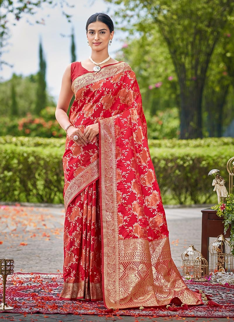 Red Banarasi Silk Jacquard Benarasi Saree Festive Wear
