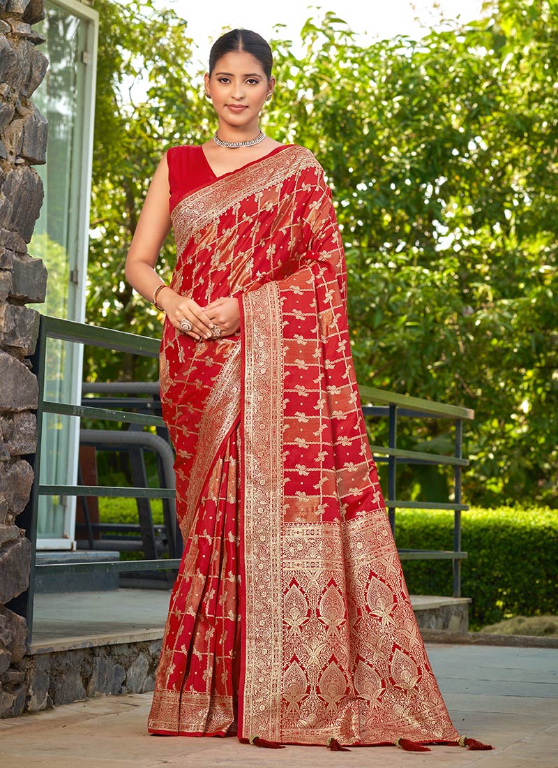 Red Banarasi Silk Jacquard Benarasi Saree Festive Wear