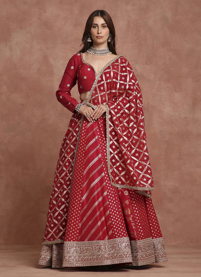 Red Banarasi Silk Resham And Embroidered Sequins Umbrella Lehenga