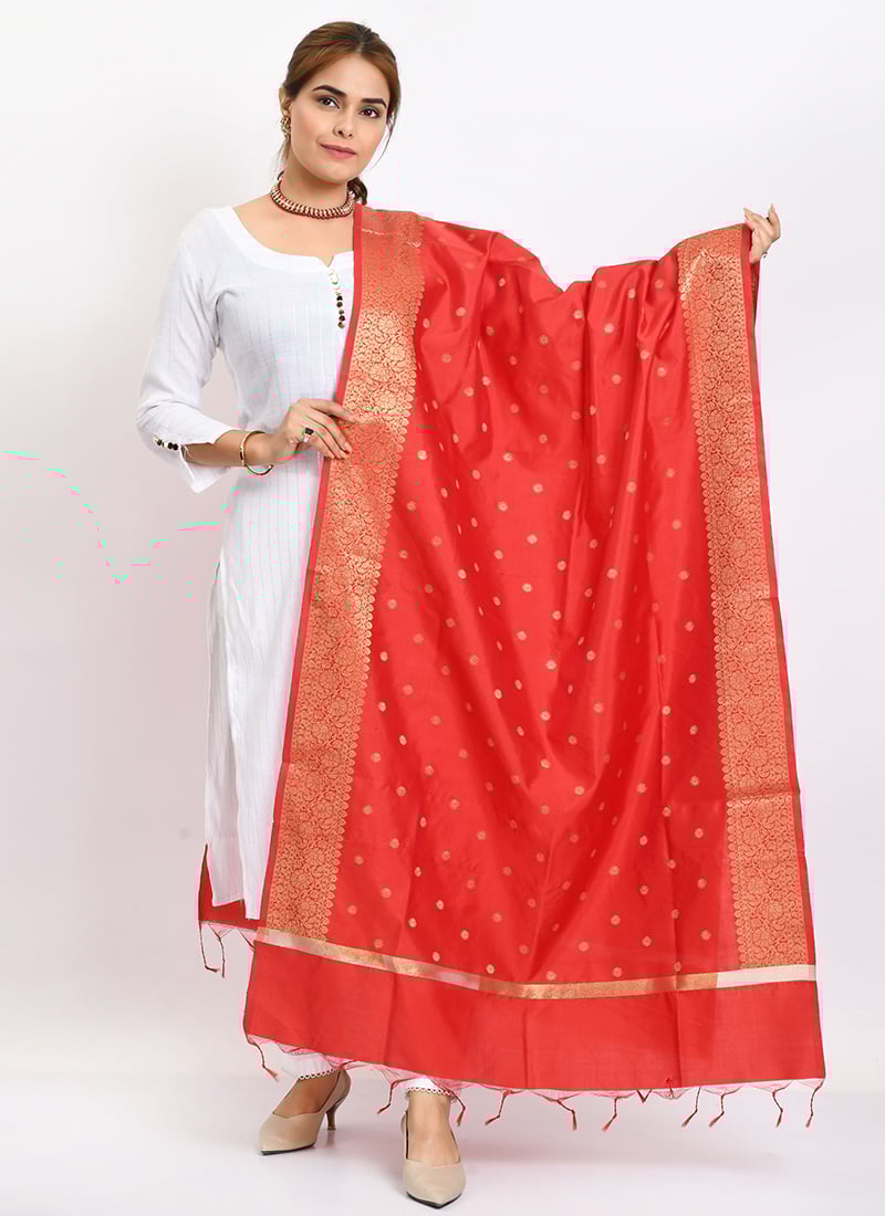 Red Banarasi Silk Weaving Work Dupatta Work Wear