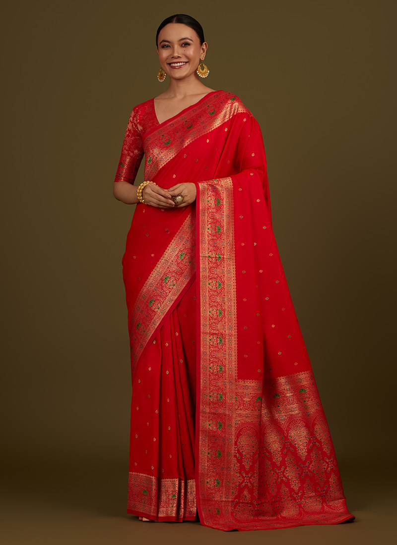 Red Banarasi Silk Zari Brocade Woven Saree