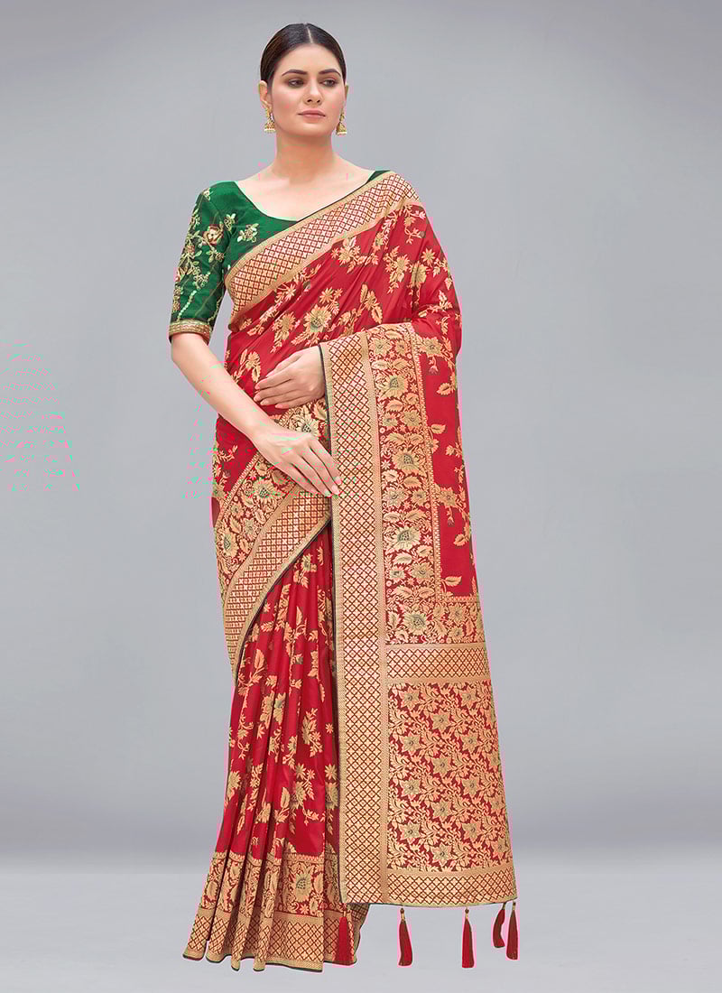 Red Banarasi Silk Zari Embroidered Sequins Saree Festive Wear