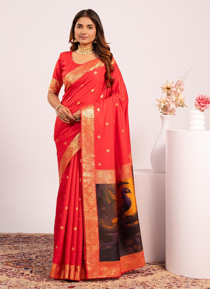 Red Banarasi Silk Zari Resham Woven Saree Festive Wear