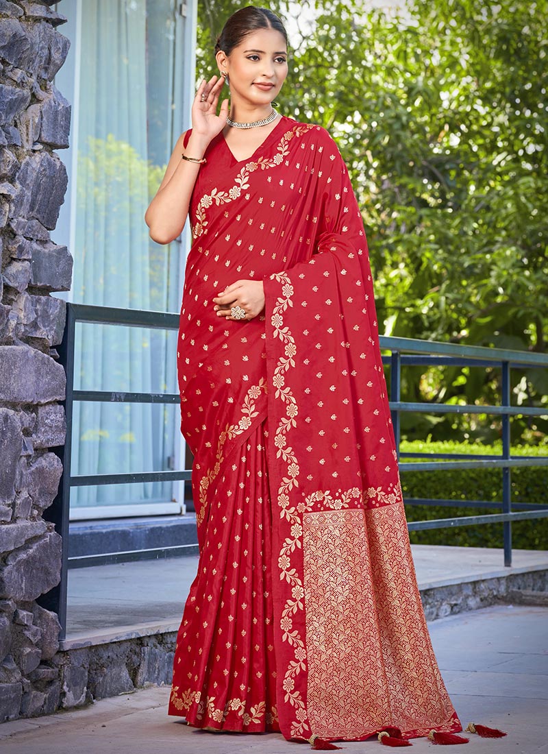 Red Banarasi Silk Zari Woven Saree Festive Wear