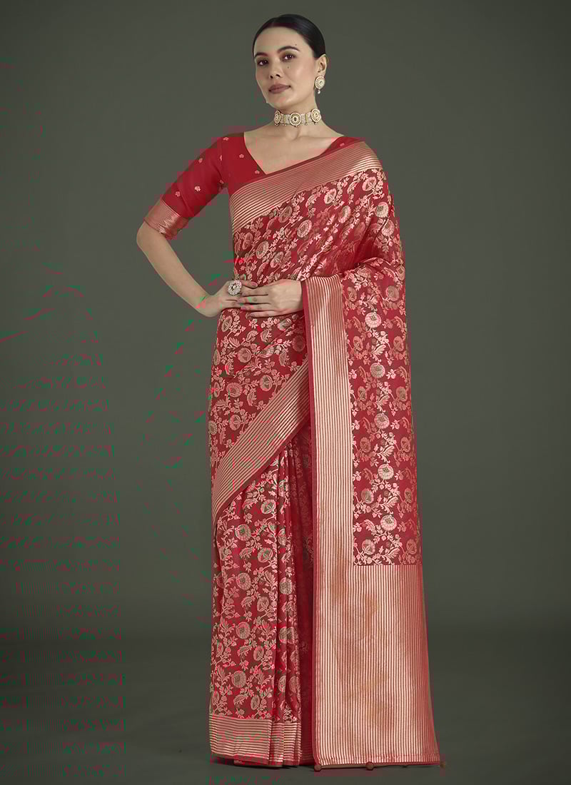 Red Banarasi Silk Zari Woven Saree Festive Wear
