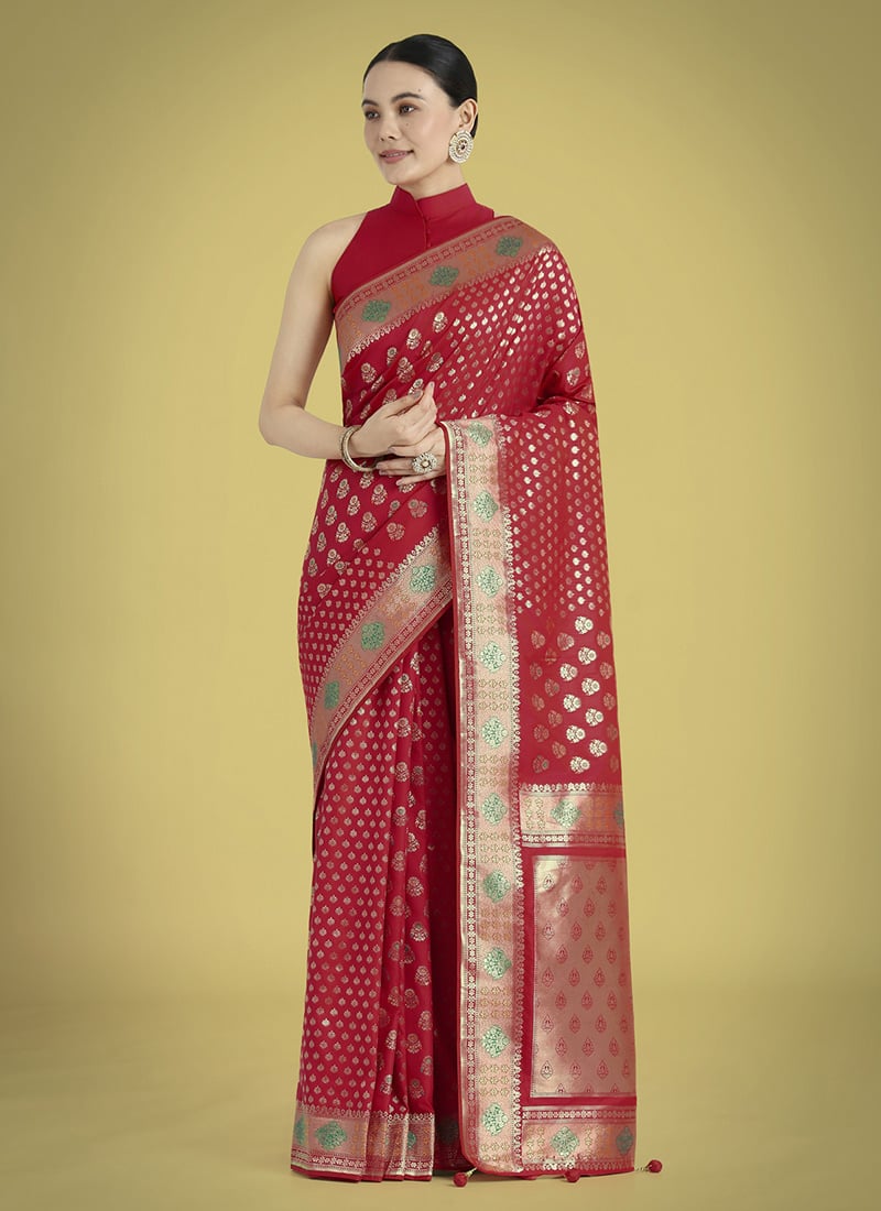Red Banarasi Silk Zari Woven Saree Festive Wear