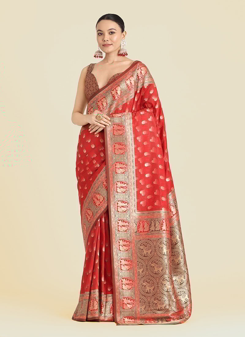 Red Banarasi Silk Zari Woven Saree Festive Wear