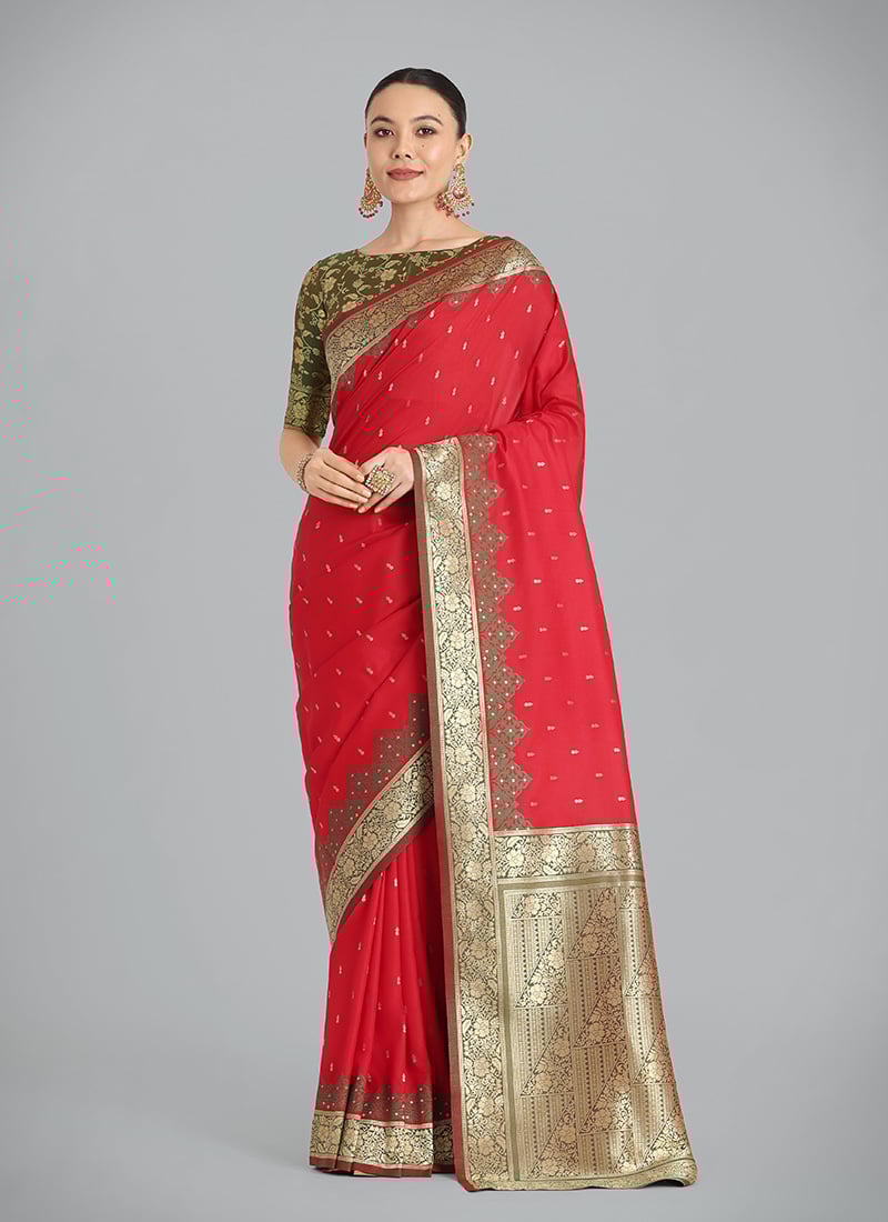 Red Banarasi Silk Zari Woven Saree Festive Wear