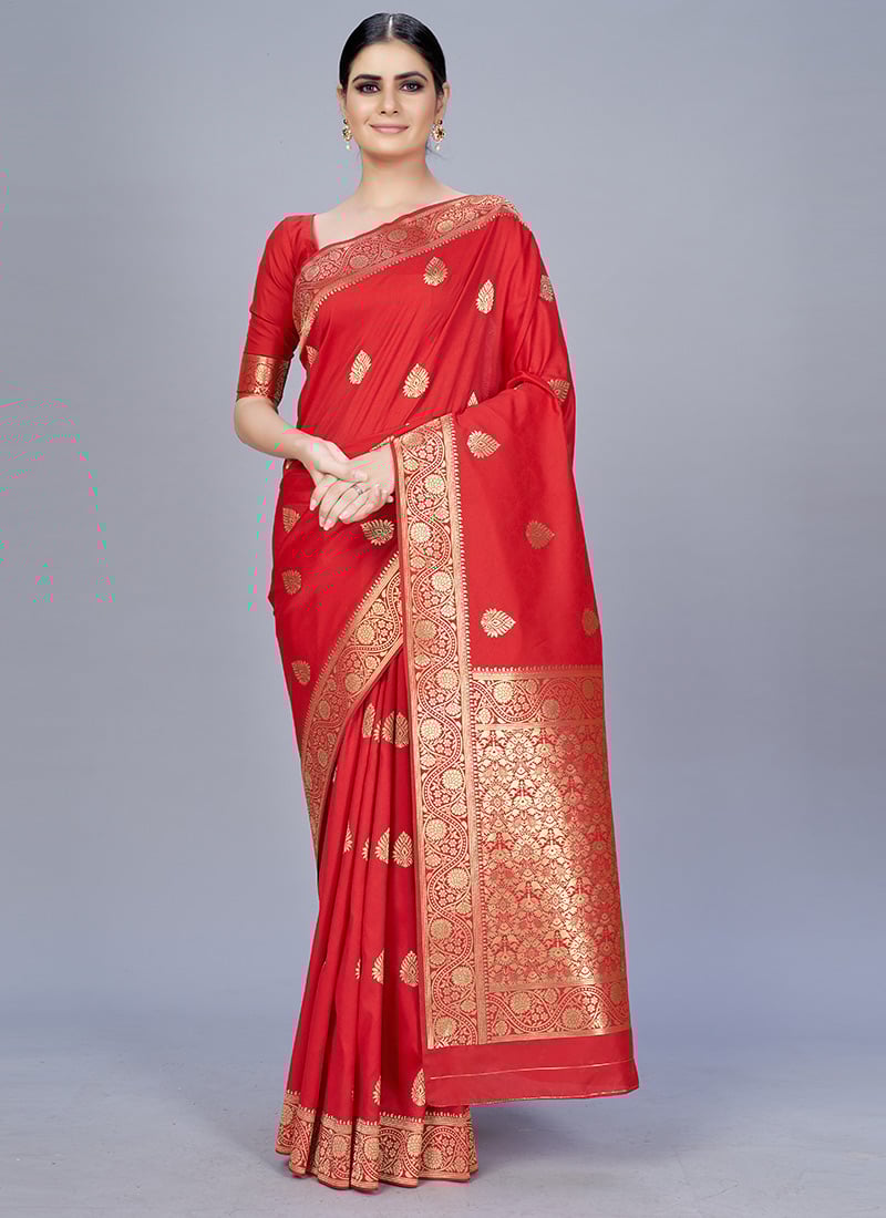 Red Banarasi Silk Zari Woven Saree Festive Wear