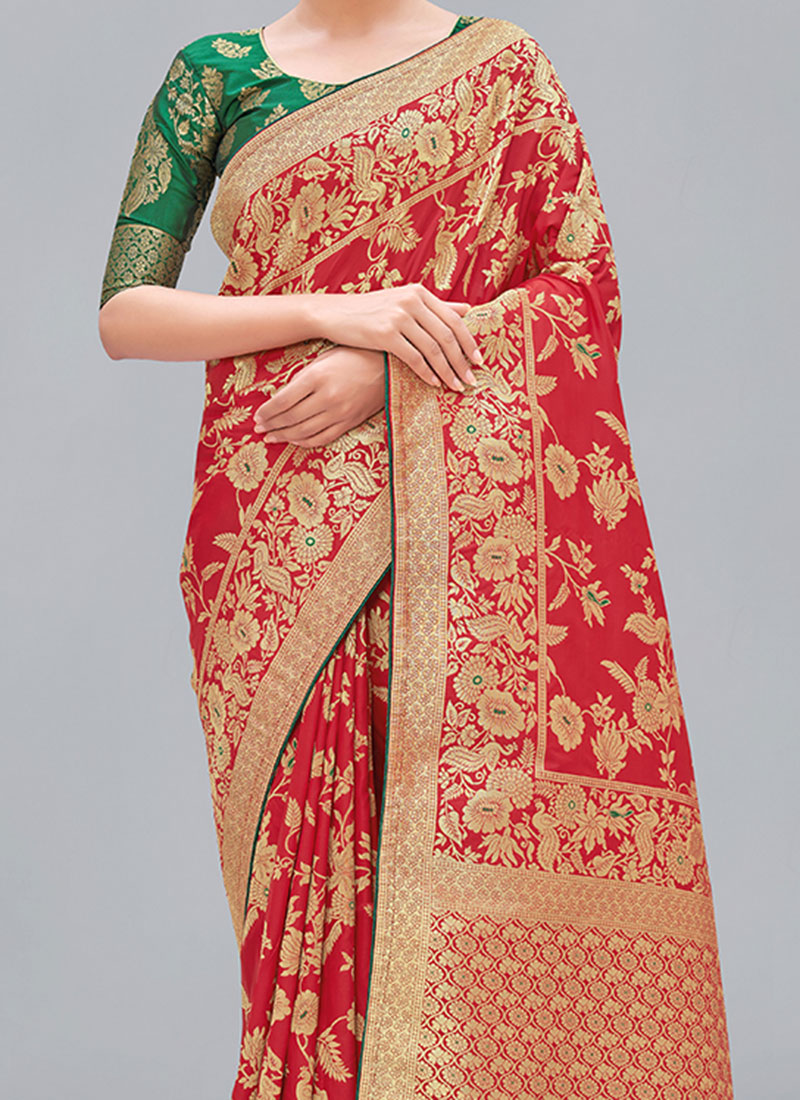 Red Banarasi Silk Saree with Leriya Zari and Contrast Pallu
