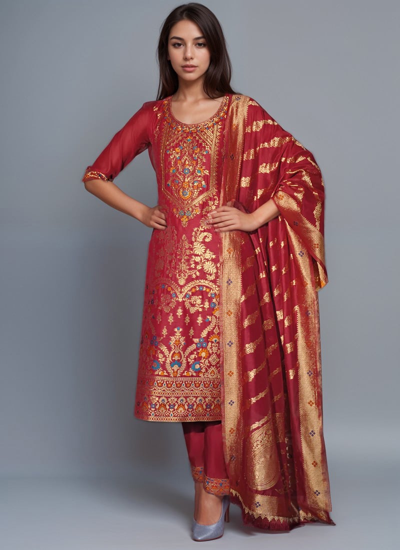 Red Banarasi Zari Jacquard Silk Straight Pant Suit