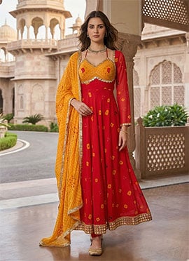 Red Bandhini Print Faux Georgette Anarkali Suit