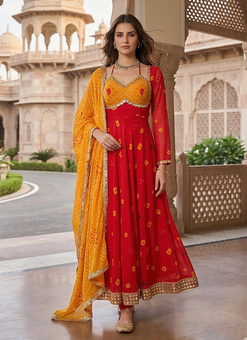 Red Bandhini Print Faux Georgette Anarkali Suit Festive Wear