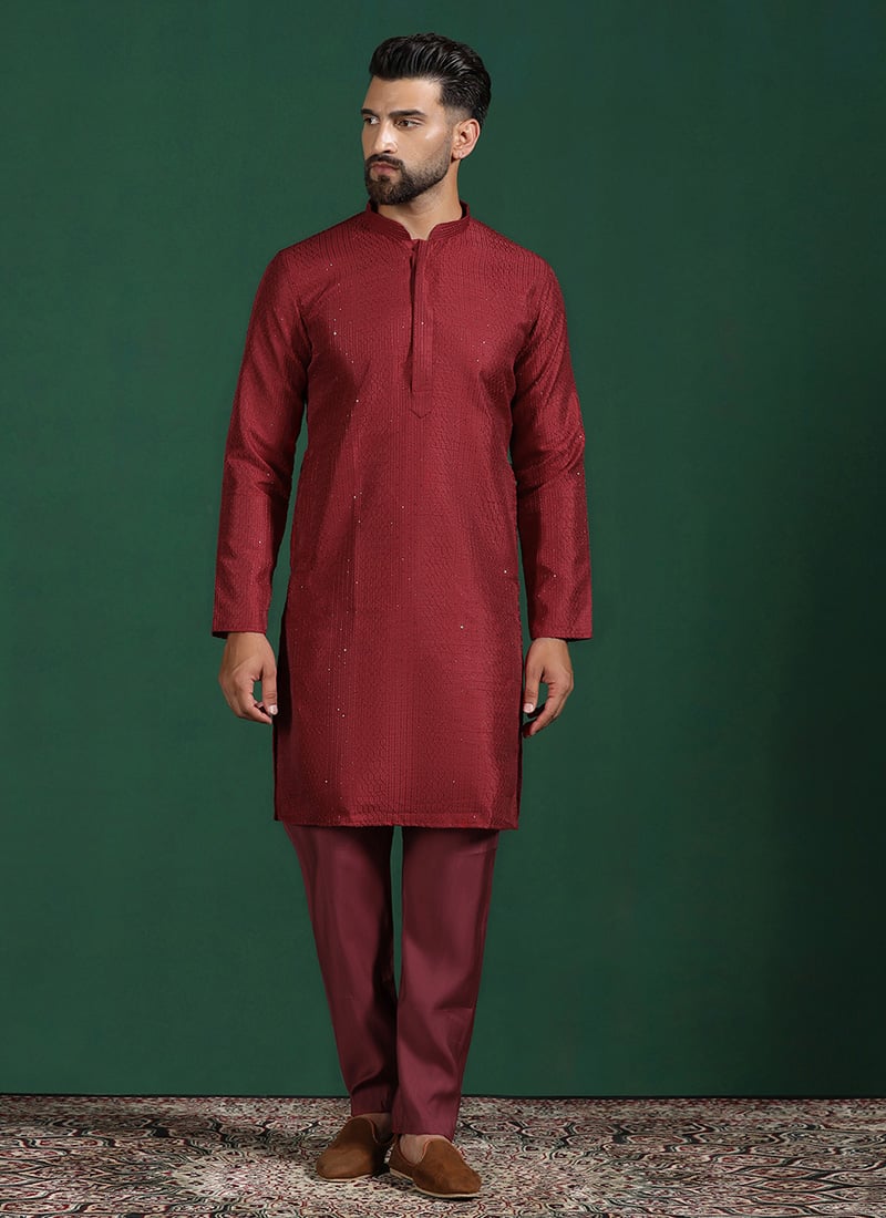 Red Banglory Silk Embroidered Kurta Pyjama Festive Wear