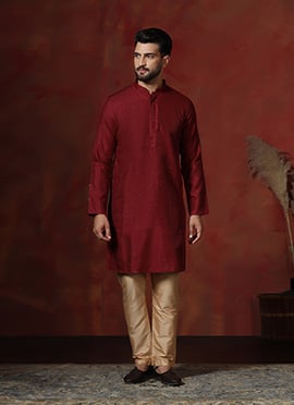Red Banglory Silk Embroidered Sequins Kurta Pyjama