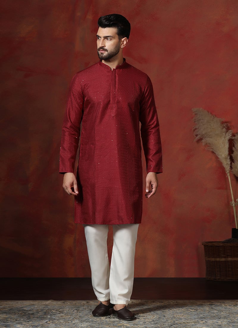 Red Banglory Silk Embroidered Sequins Kurta Pyjama Festive Wear