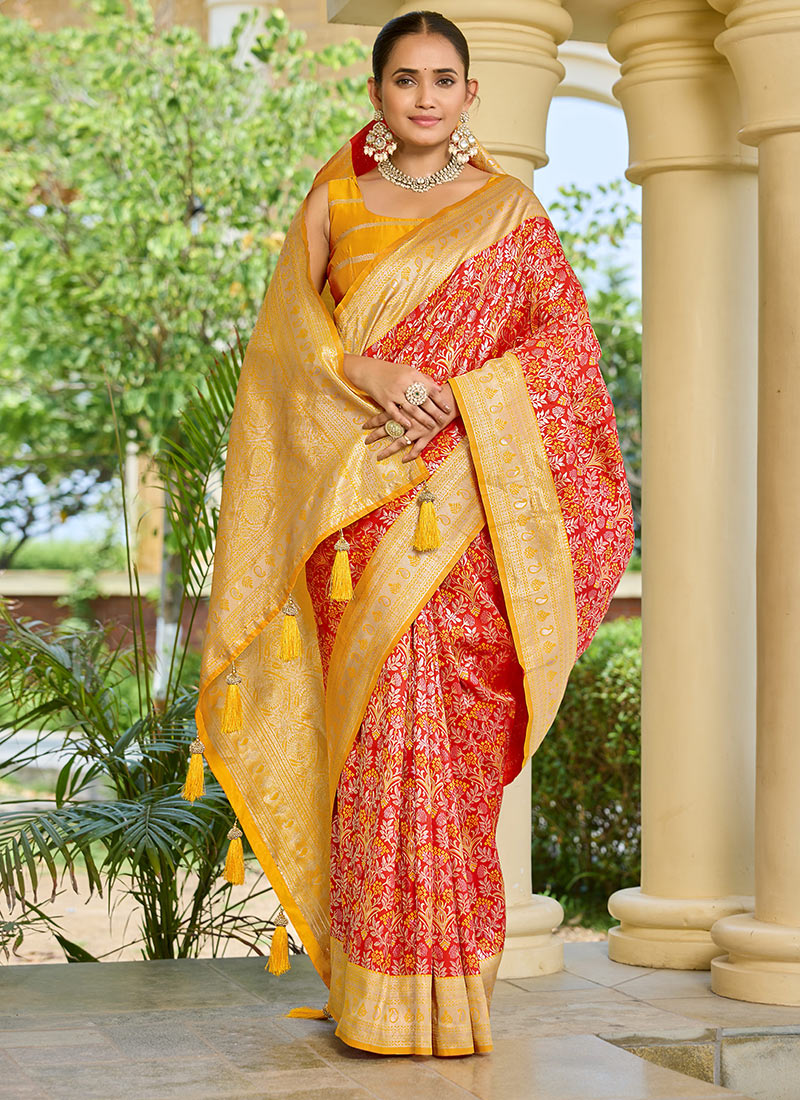 Red Bararasi Silk Zari Woven Saree Festive Wear
