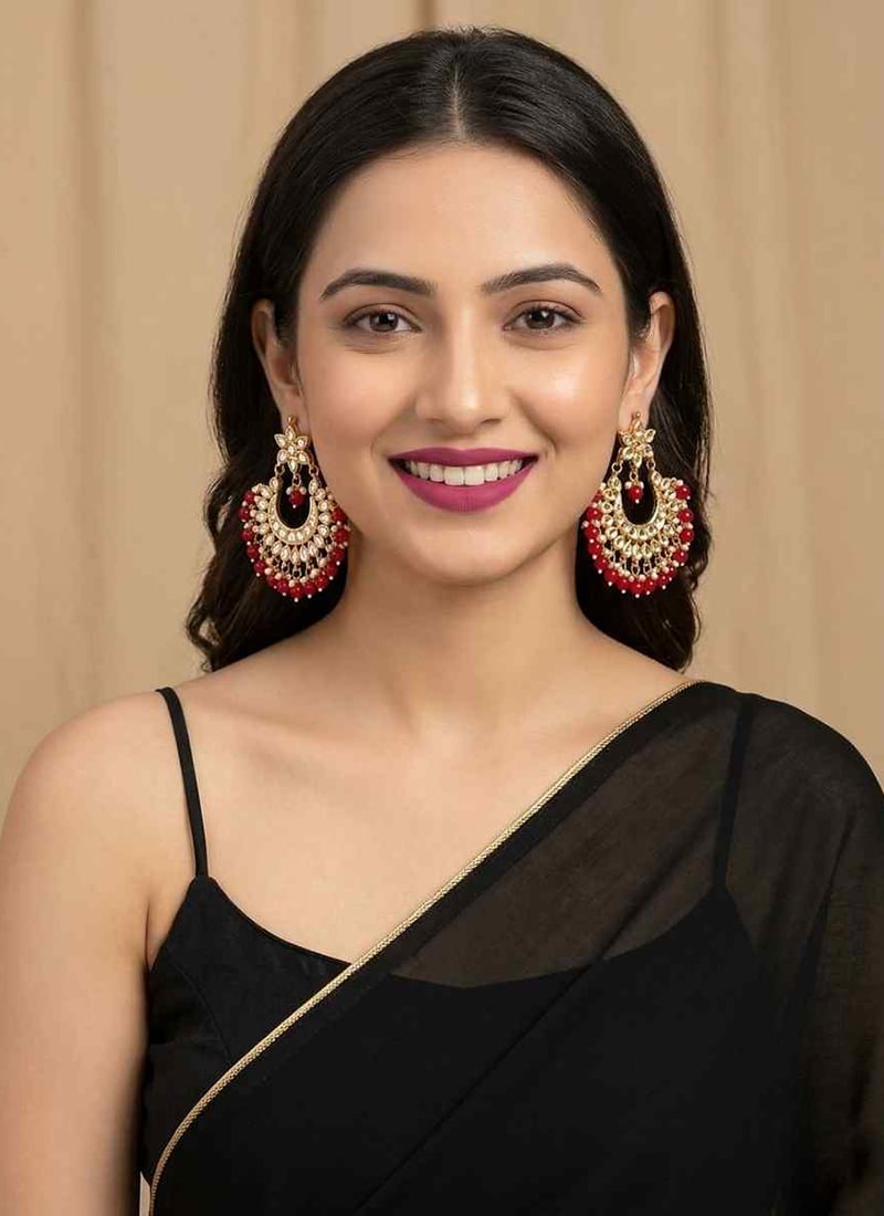 Red Bead Floral Kundan Chandbali  After Six Wear