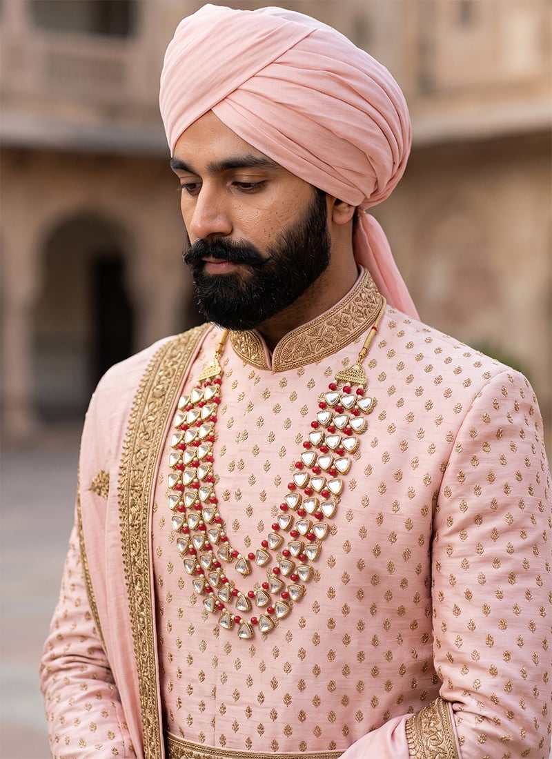 Red Bead Kundan Layered Mens Mala