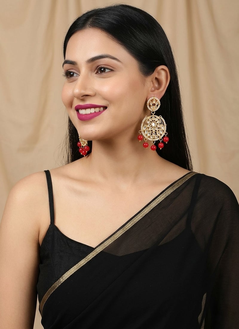 Red Bead Round Floral Kundan Danglers After Six Wear