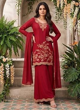 Red Beaded Embroidered Chinon Palazzo Suit